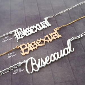 Collier bisexuel, collier prénom bisexuel, pendentif fierté, collier plaque signalétique fierté, bijoux LGBTQ, collier bisexuel 5 styles, collier LGBT