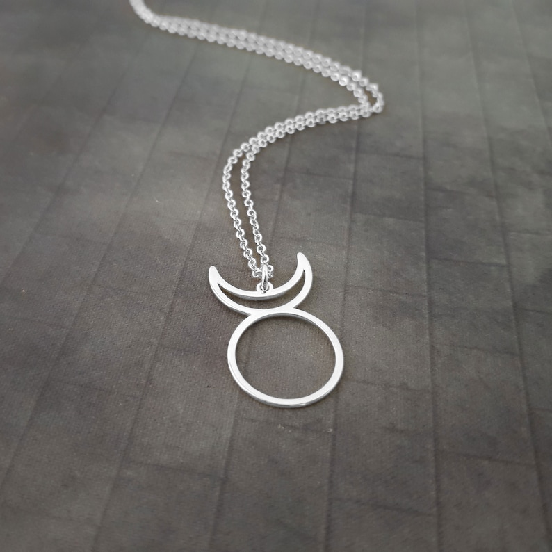 Op de afbeelding: Een zilveren ketting met een hanger in de vorm van een cirkel met twee halve manen aan weerszijden.