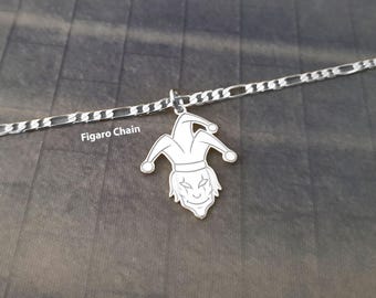 Gothic Joker Pendant Necklace, Sterling Silver, 18K Gold Plated Figaro Chain