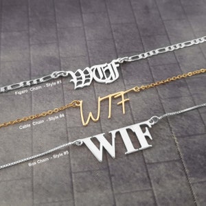 Collar WTF, collar con nombre WTF, collar "Qué carajo", joyería WTF, collar divertido, joyería con palabrotas, joyería grosera, collar de regalo "Joder"