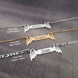 Bar Name Necklace With Devil Wings, Bar Name Necklace Gold, Name Necklace With Wings, Customized Name Necklace Bar, Devil Name Necklace Gift