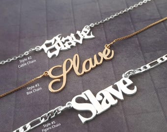 Slave Necklace, Slave Name Necklace, Slave Pendant, Kinky Nameplate Necklace, Kinky Jewelry, Slave Necklace 5 Styles, BDSM Slave Necklace