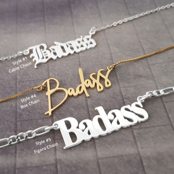 Collier badass, collier prénom badass, pendentif badass, fille badass, femme badass, bijoux badass, collier badass 5 styles, cadeau amusant