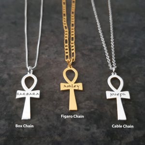 Personalized Ankh Cross Name Necklace, Engraved Sterling Silver or Gold Plated Pendant