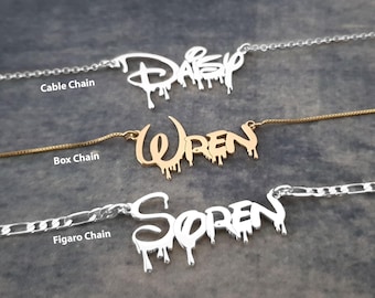 Gothic Drip Font Name Necklace, Sterling Silver 18K Gold Plated Nameplate