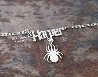 Gothic Name Necklace With Spider Charm, Sterling Silver Personalized Pendant