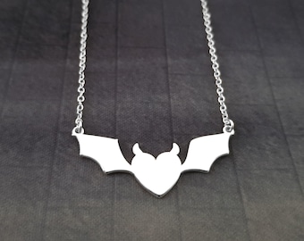 Devil Heart Necklace, Bat Wings Heart Necklace, Heart With Devil With Horns Necklace, Devil Heart With Bat Wings Necklace, Gothic Heart Gift
