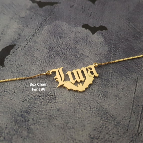 Bat Name Necklace, Personalized Bat Jewelry, Name Pendant With Bat, Custom Vampire Bat Name Pendant, Silver Bat Name Necklace Halloween Gift