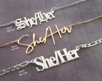 She/Her Necklace, She Her Necklace, Pride jewelry, LGBT Necklace, LGBTQ Jewelry, Pronouns Necklace, Identity Necklace, Gender Symbol