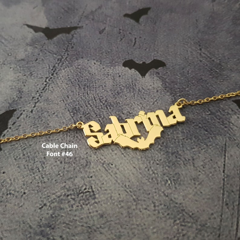 Bat Name Necklace, Personalized Bat Jewelry, Name Pendant With Bat, Custom Vampire Bat Name Pendant, Silver Bat Name Necklace Halloween 2023 image 4