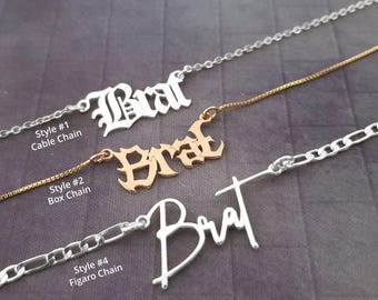 Sterling Silver 18K Gold Plated Brat Nameplate Necklace, Custom Length Chain