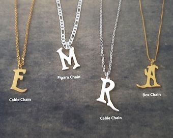 Gothic Initial Necklace, Sterling Silver or Gold Plated Pendant