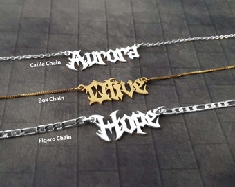 Gothic Nameplate Necklace, Customized Old English Name Plate, Old English Font Custom Name Necklace, Name Necklace, Halloween Gift 2023