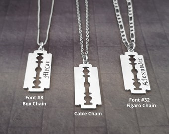 Personalized Razor Blade Necklace, Gothic Pendant With Name, Sterling Silver 18K Gold