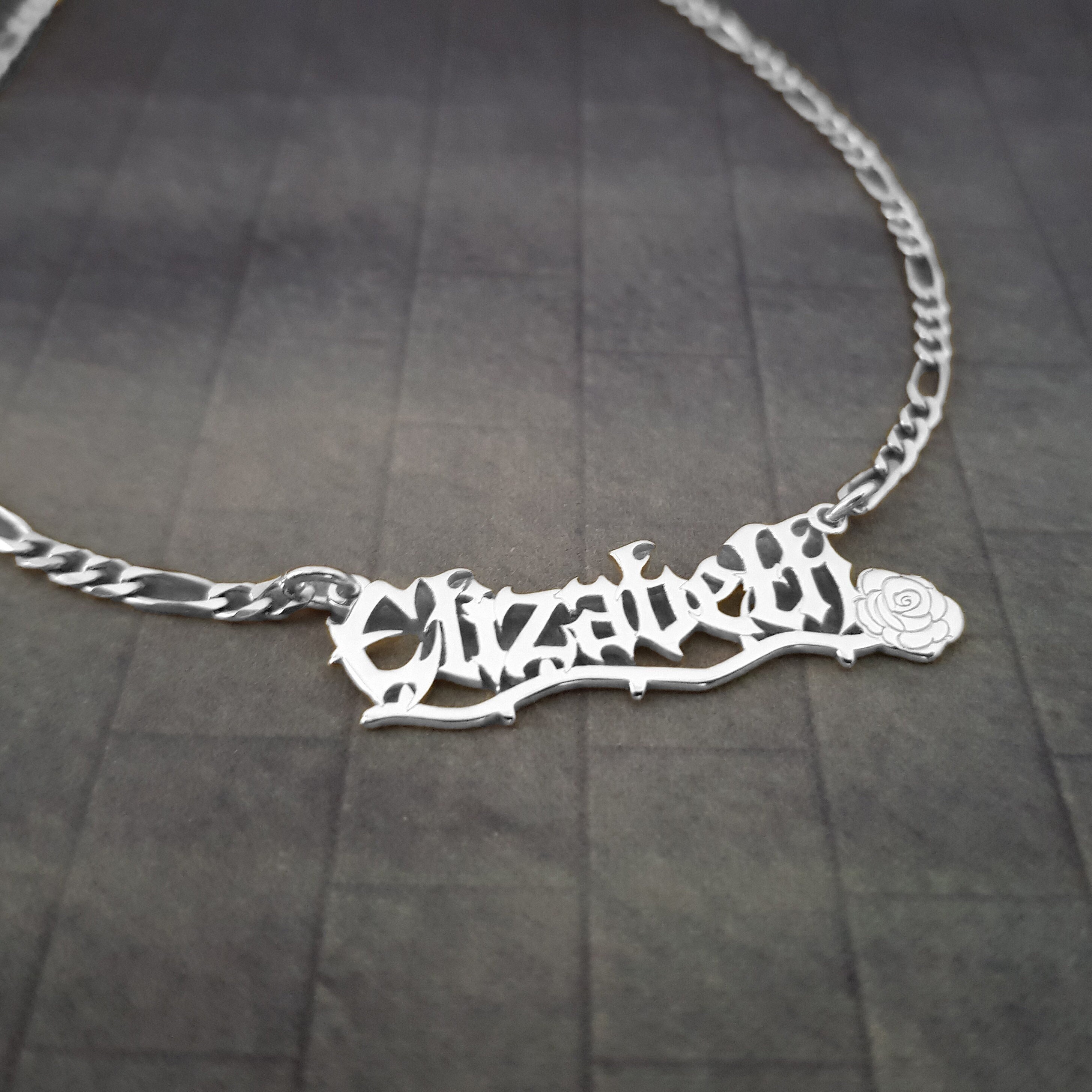 Gothic Rose Name Necklace, Old English Font, Custom Font Name Necklace, Name Necklace, Customize Old English Name Plate, Old English Pendant