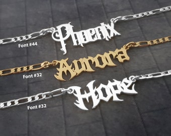 Gothic Name Necklace, Figaro Chain, Sterling Silver, 18K Gold Plated