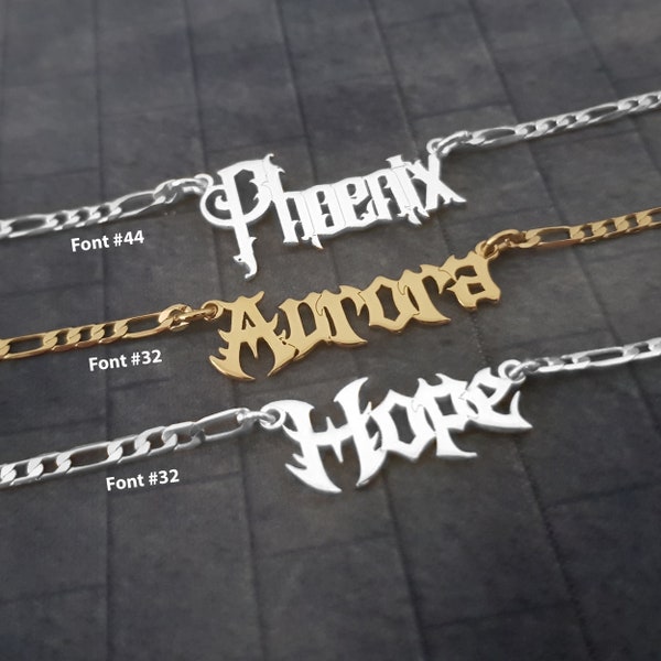 Gothic Name Necklace With Figaro Chain, Gothic Font Nameplate Necklace With Name, Old English Name Necklace, Old English Name Fonts Jewelry