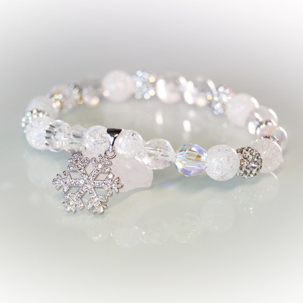 Bracelet flocon de neige avec Quartz, Angel Aura Quartz et Shamballa Perles- Cadeau de Noël pour elle- Bijoux de Noël- Cristaux de guérison