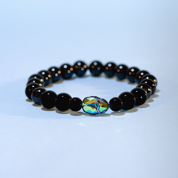 Swarovski scarab with obsidian beads- Unisex bracelet