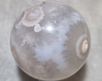Clear Quartz Flower Cherry Blossom Agate Sphere with Baby Blue River, White and Reddish Pink Floral Plumes and Red Hematite Inclusion