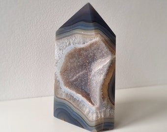 Blue Banded Brazilian Druzy Agate Geode Tower with Clear Quartz Banding