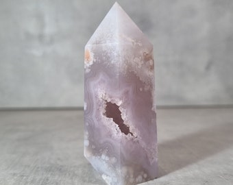 Purple Tone Druzy Amethyst Flower Agate Cherry Blossom Tower Point with Pale Baby Blue Banding, Pink Plumes and Orbs