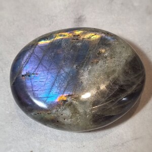 Large Purple, Orange, Blue, Golden Yellow and Sea Green Mermaid Flash Labradorite Palm Stone with Silver Sheen image 5