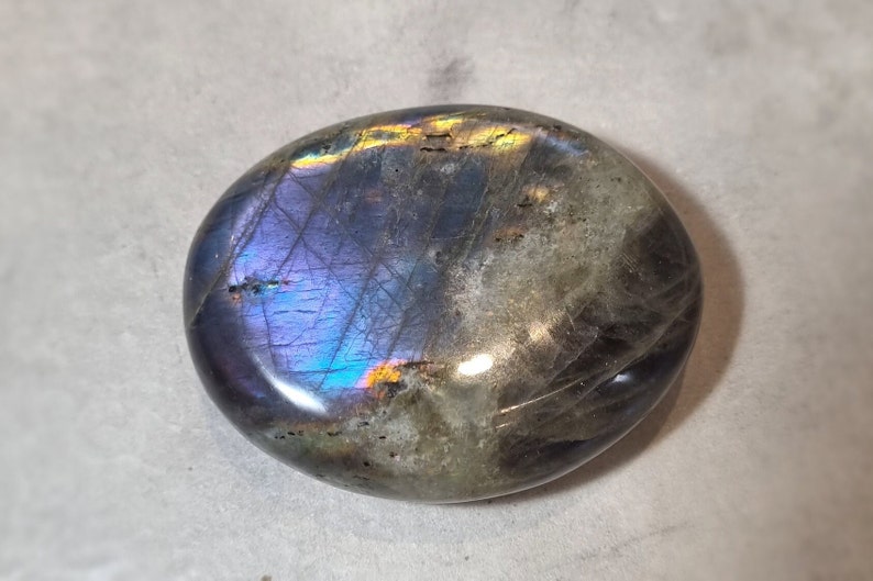 Large Purple, Orange, Blue, Golden Yellow and Sea Green Mermaid Flash Labradorite Palm Stone with Silver Sheen image 5