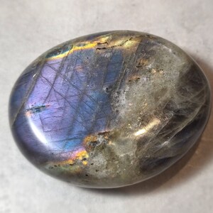 Large Purple, Orange, Blue, Golden Yellow and Sea Green Mermaid Flash Labradorite Palm Stone with Silver Sheen image 3