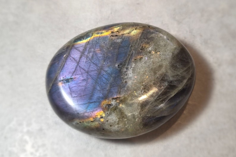 Large Purple, Orange, Blue, Golden Yellow and Sea Green Mermaid Flash Labradorite Palm Stone with Silver Sheen image 3