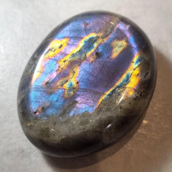 Large Purple, Orange, Blue, Golden Yellow and Sea Green Mermaid Flash Labradorite Palm Stone with Silver Sheen