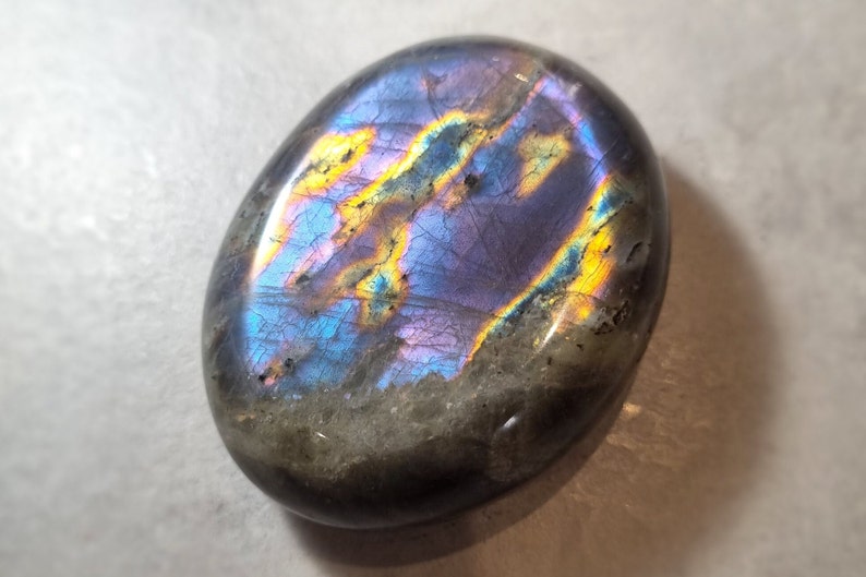 Large Purple, Orange, Blue, Golden Yellow and Sea Green Mermaid Flash Labradorite Palm Stone with Silver Sheen image 1