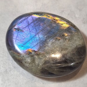 Large Purple, Orange, Blue, Golden Yellow and Sea Green Mermaid Flash Labradorite Palm Stone with Silver Sheen image 4