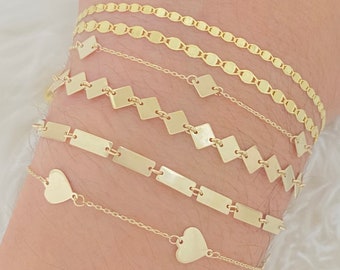 Solid 14K Gold Mirror Bracelets, Genuine 14K Gold Bracelets, Stackable Mirror Gold Bracelets, Ladies 14K Gold Mirror Hearts Diamonds Bars