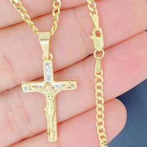 Massief 14K gouden kruisketting, gouden kruishanger, echt gouden kruisketting, kruis en 14K gouden stoeprand Cubaanse kruisketting