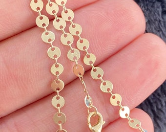 Solid 14K Gold Mirror Disk Chain, Ladies 3.2mm Mirror Chain, Unique Mirror Disc Style, Dainty and Shiny, Elegant New Style, Great for Layers