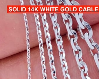 Solid 14K White Gold Diamond Cut Cable Rolo Chain, Ladies White