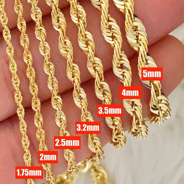 Catena di corda in oro massiccio 14K, Collana di corda in oro massiccio 14K, Gioielli in oro genuino, Catena d'oro da donna, Catena d'oro da uomo, Catena per stratificazione