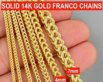 Cadena de caja Franco de oro sólido de 14K 1,5 mm 2 mm 2,3 mm 2,5 mm 3 mm 4 mm 7 mm, cadena de oro para damas, cadena de oro para hombre, cadena Franco de oro de 14K