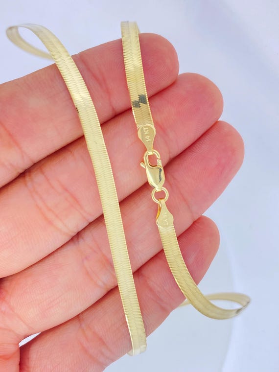 Solid 14K Gold Shiny 4mm Herringbone Necklace, 14K Gold 4mm