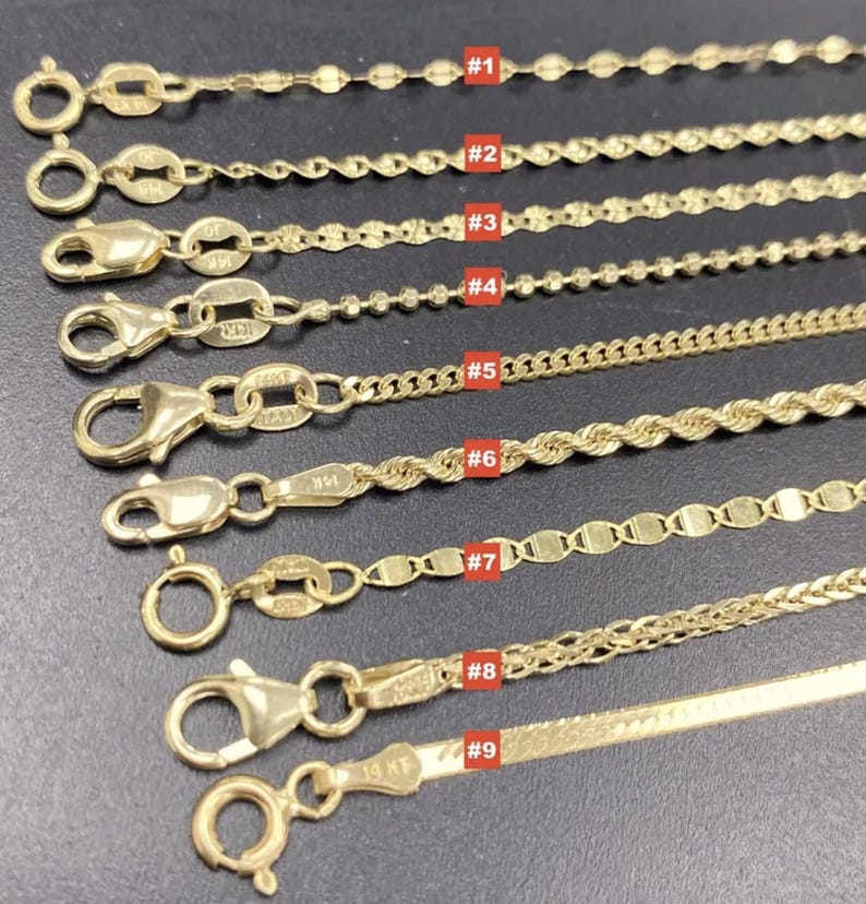 May include: A selection of nine gold necklaces with different chain styles, including oval links, beaded, and rope designs. Each necklace is shown with a clasp and labeled with a number from #1 to #9. The necklaces are displayed on a dark surface.