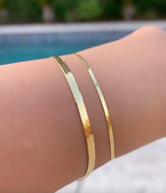 Solid 14K Gold ITALIAN Herringbone, Spring Ring Clasp