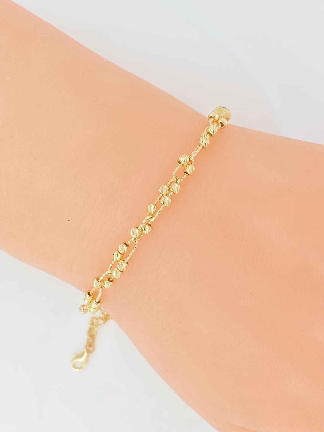 Solid 14K Gold Ladies Bracelet Diamond Cut, Ulink Paperclip Mooncut