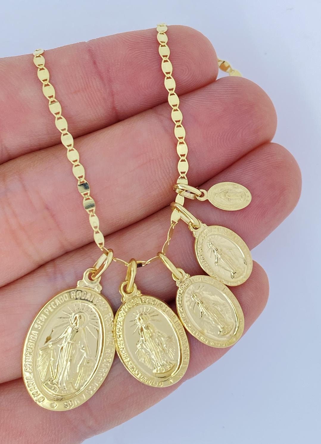 Solid 14k gold miraculous Mary Medal Necklace, ITALY, 14K Gold Religious Miraculous Medal Charm, Dual Sided Miraculous Medal Prayer Pendant