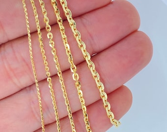 Massief 14K gouden ovale diamantgeslepen Rolo-kabelketting, 1 mm 1,5 mm 2 mm 2,3 mm 3 mm ovale link 14K-kabelketting, ITALIË, glanzende ovale link Rolo-kabel