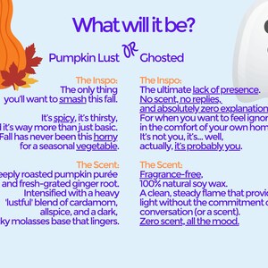 The image is a comparison of two different scents, pumpkin puree and ghost, with accompanying descriptions of their characteristics.