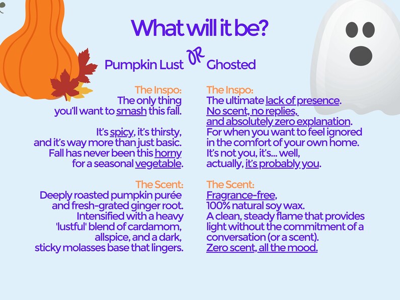 The image is a comparison of two different scents, pumpkin puree and ghost, with accompanying descriptions of their characteristics.