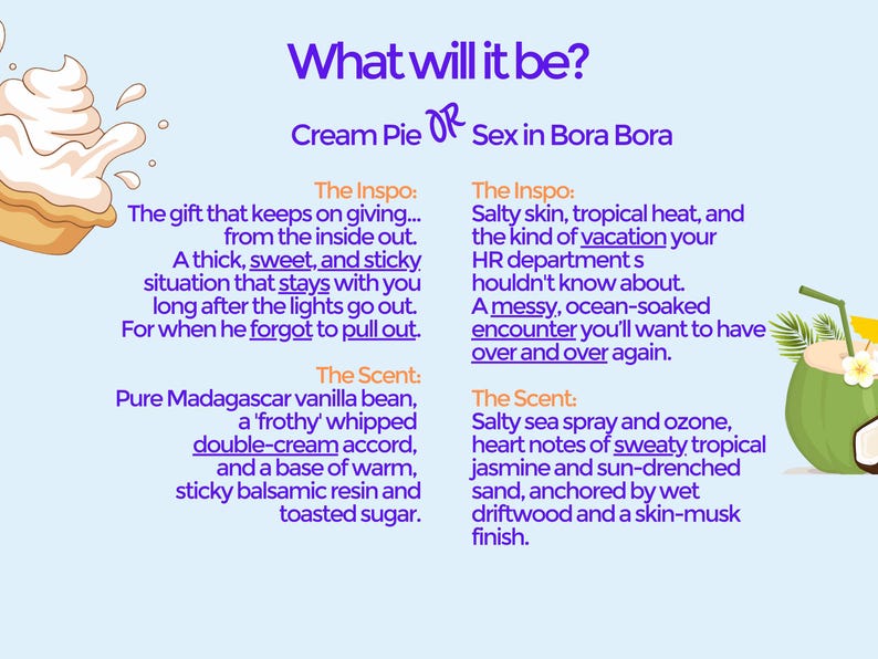 The image is a visual guide comparing two different creams, focusing on their scents and textures. The guide provides descriptions of each cream, highlighting their unique features and benefits.