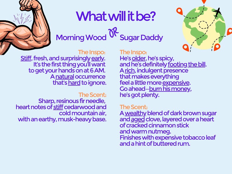 The image is a comparison between two different types of people, one being "Morning Wood" and the other being "Sugar Daddy". The text provides descriptions of the two individuals, highlighting their characteristics and the situations in which they are described.