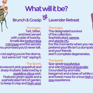 The image is a comparison of two different spa experiences, the "Brunch & Gossip" and the "Lavender Retreat". The text provides descriptions of each experience, highlighting the unique features of each.